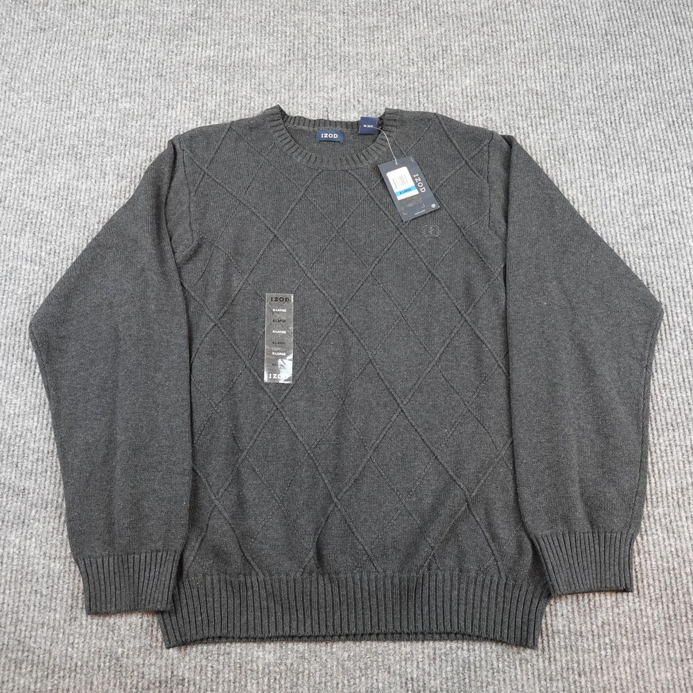 IZOD Sweater Mens XL Gray Argyle Knit Crewneck Pullover Cotton NWT Fall
